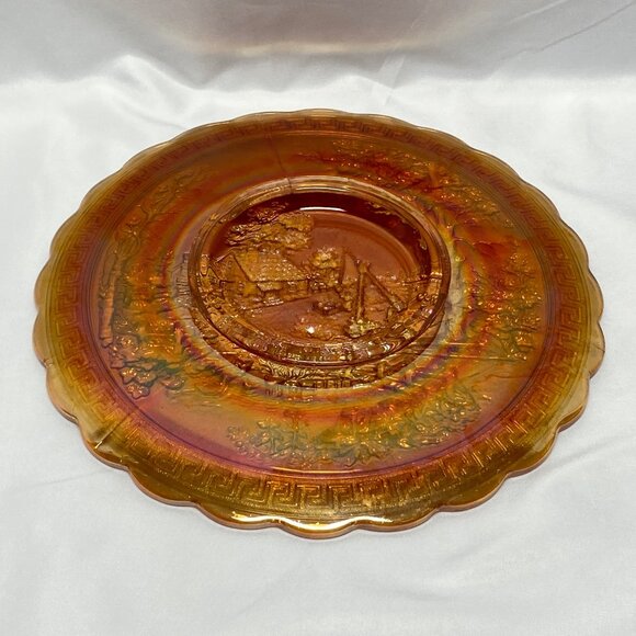 Imperial Carnival Glass Marigold 10" Plate With Homestead Woodland Design - Picture 7 of 10